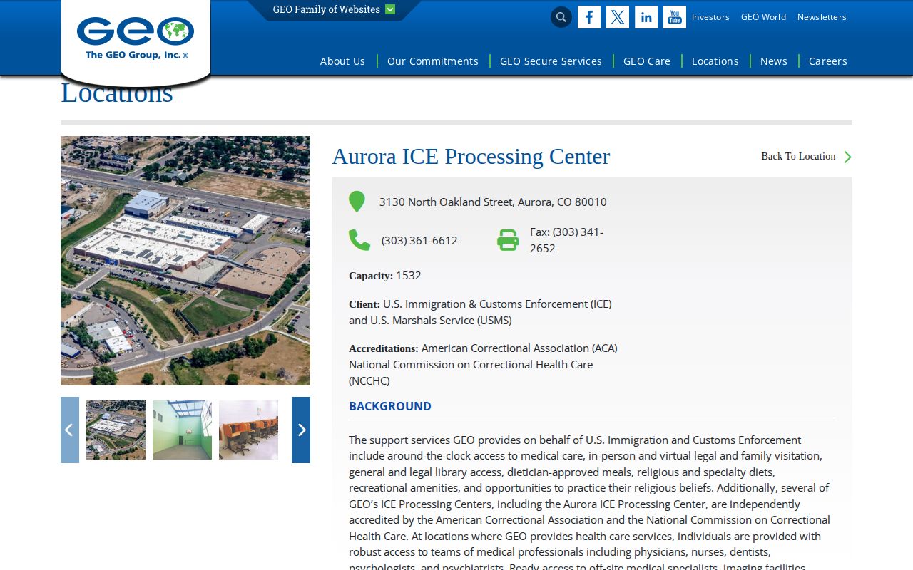 GEO Group Aurora ICE Processing Center operator page with facility capacity context