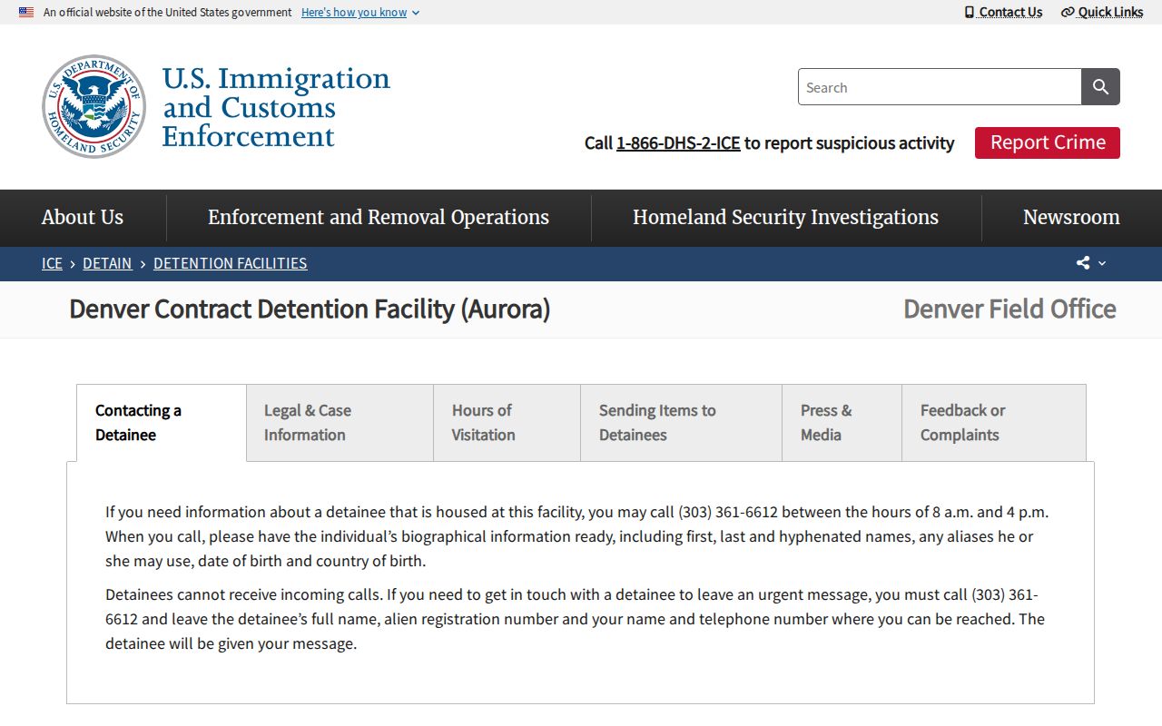 ICE Denver Contract Detention Facility page for Aurora facility custody information