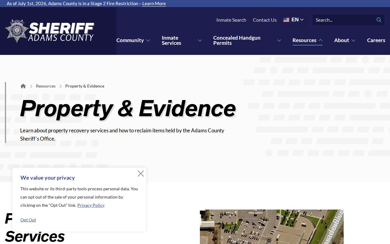 Adams County Sheriff property and evidence appointment information for release follow-up