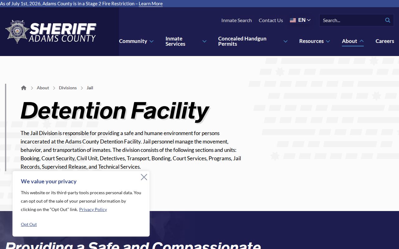 Adams County Sheriff Jail Division page for Detention Facility custody and release context