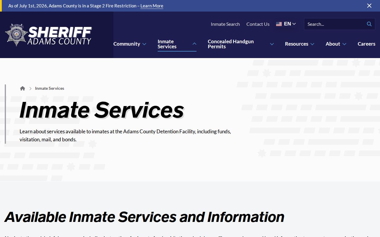 Adams County Sheriff inmate services page for Detention Facility release context
