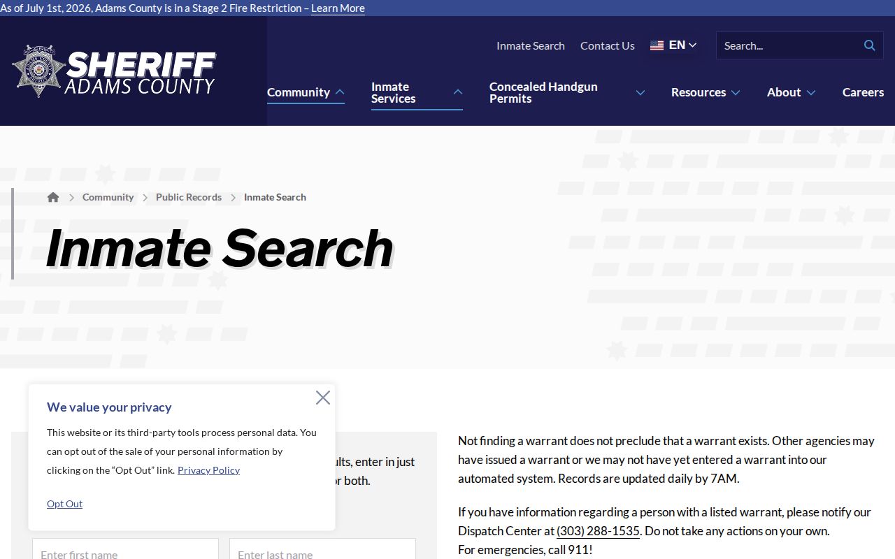 Adams County released inmates current custody search form