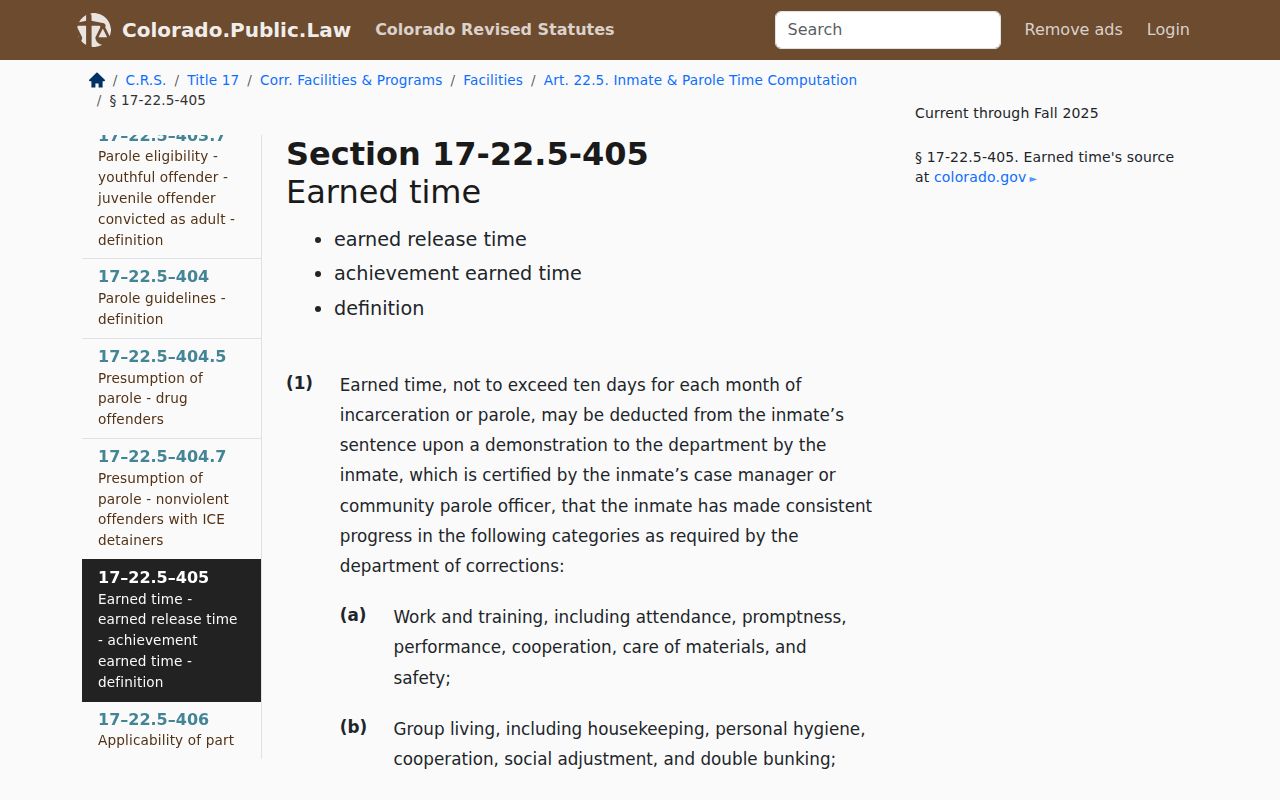 Colorado earned time statute for Adams County inmate release date