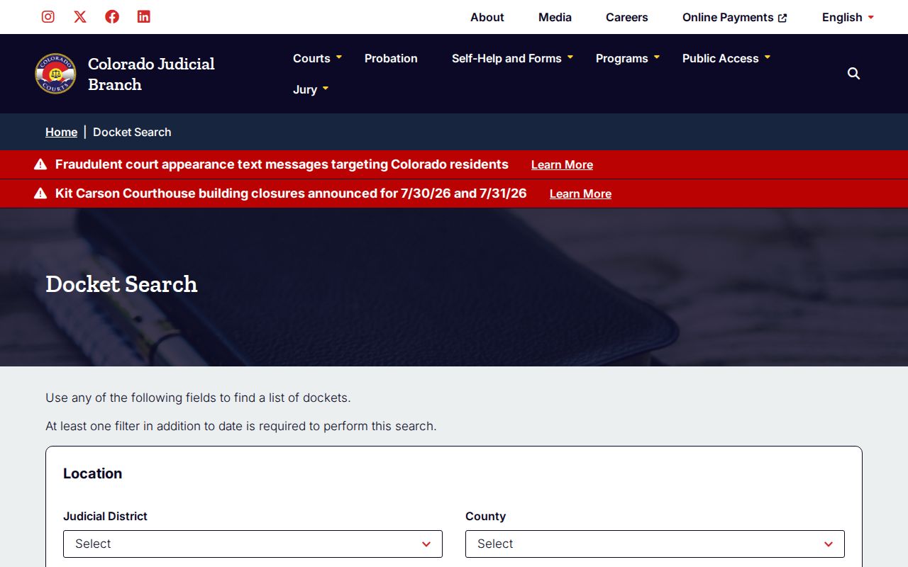 Colorado Judicial Branch docket search for Adams County court release context