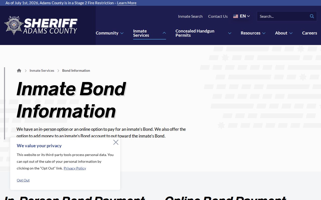 Adams County bond information page for release from the Detention Facility