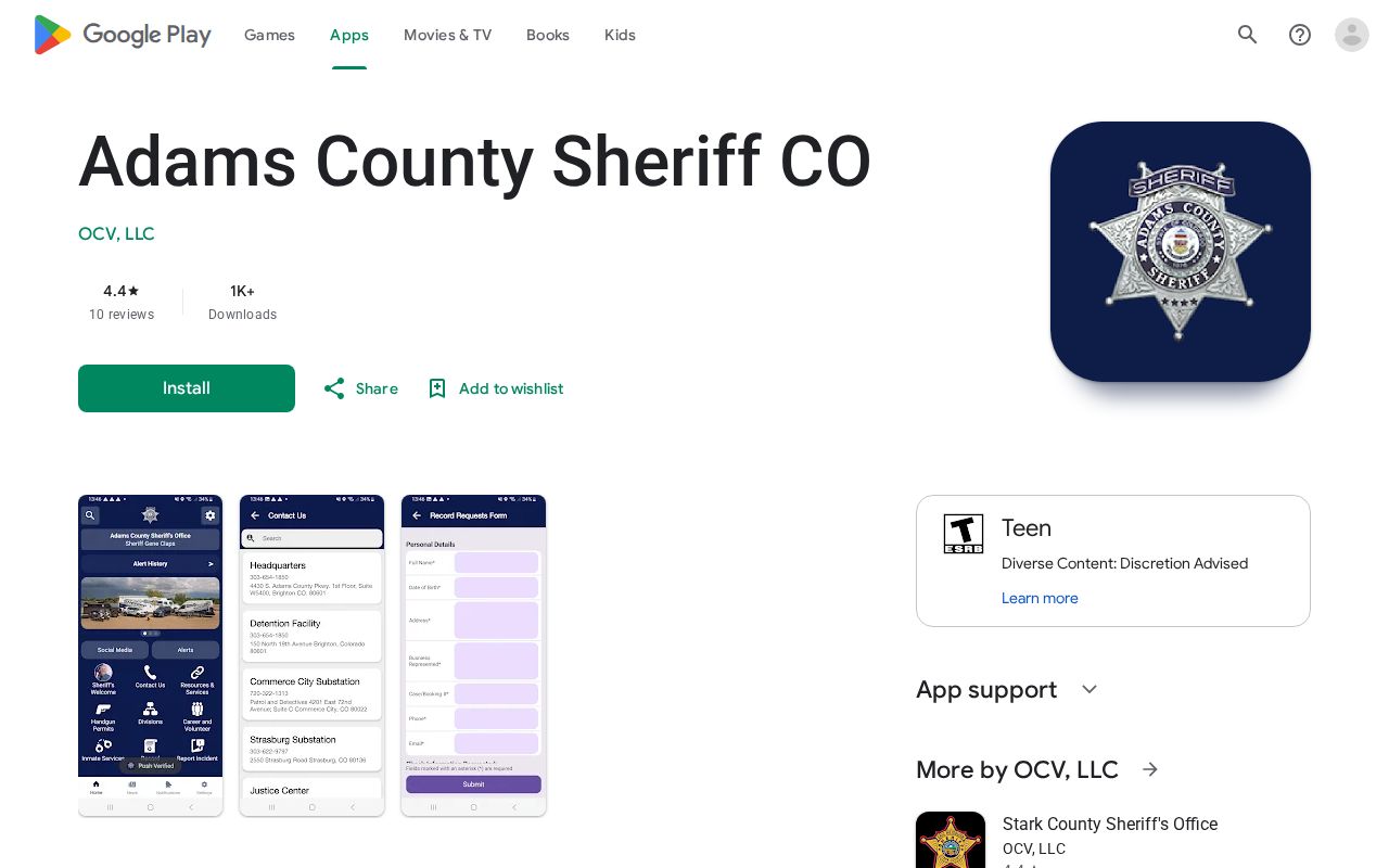 Adams County Sheriff mobile app listing with inmate search and warrant search links
