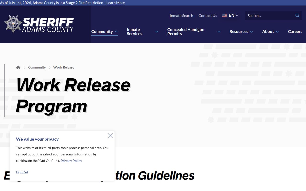Adams County Sheriff Work Release program page with orientation and contact information