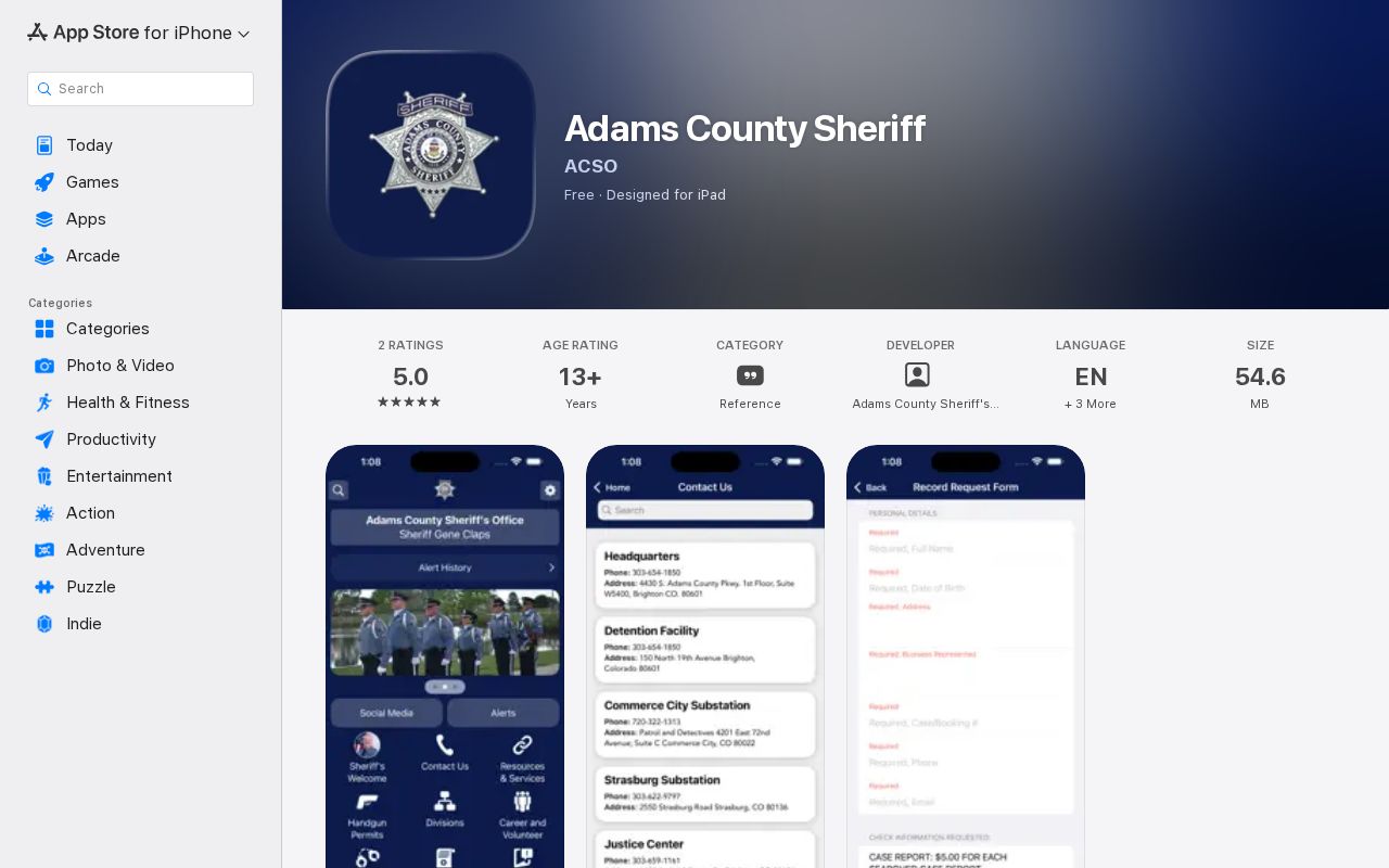 Adams County Sheriff app listing for mobile public information and database access