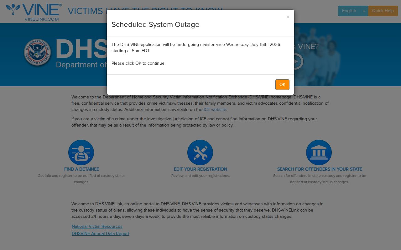 National VINELink portal for Adams County release checks